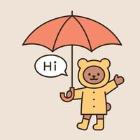 um urso fofo em uma capa de chuva está cumprimentando com um guarda-chuva. vetor