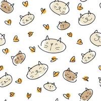 estilo doodle padrão sem emenda de focinhos e corações de gato vetor