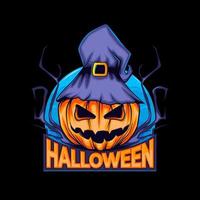 abóbora de halloween de logotipo com chapéu de bruxa e lua noturna em estilo cartoon. vetor