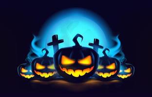 abóboras de halloween com fumaça, lua noturna e túmulos em estilo 3d. vetor