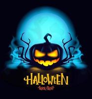 abóbora de halloween de logotipo com chapéu de bruxa e lua noturna em estilo cartoon. vetor