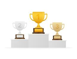 ouro, prata e bronze troféu copo em azul prêmio pódio. o negócio ou esportivo conquistas, a campeonato ganhador. vetor estoque ilustração