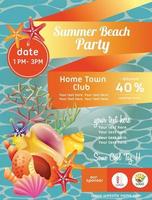 pôster colorido de festa na praia de verão com concha do mar vetor