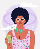 jovem mulher com uma pode do suave bebida. colorida na moda ilustração do funky garota. legal atitude. vetor