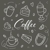 café e sobremesas dentro rabisco estilo desenhado com giz em uma Preto borda. esboço do diferente copos do café e cappuccino. arte fundo para cafeteria comprar, cartão, bandeira etc. vetor