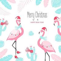 cartão de Natal com flamingo fofo em um fundo branco. vetor