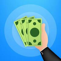 mão segurando ou mostrando dinheiro contas em azul fundo. vetor estoque ilustração