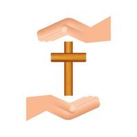 Cruz madeira ícone dentro mãos Projeto em branco fundo. religião ícone vetor