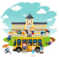 Crianças, tocando, frente, escola, e, autocarro vetor
