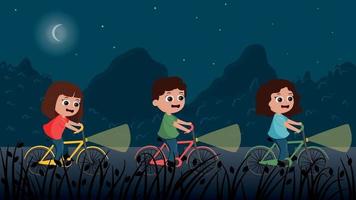 crianças andando de bicicleta à noite vetor