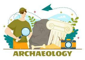 arqueologia vetor ilustração com arqueológico escavação do antigo ruínas, artefatos e dinossauros fóssil dentro plano desenho animado mão desenhado modelos