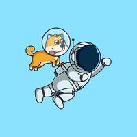 O bonito shiba inu e o astronauta voam para a lua. desenho de mascote fofo