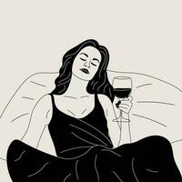 Preto e branco mulher bebidas uma vidro do vinho dentro cama. vetor. vinho Tempo vetor