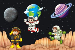 Três astronautas voando no espaço vetor