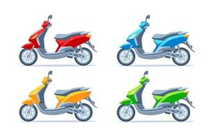scooter, scooter a motor, motocicleta. amarelo, vermelho, verde, azul. definir. vetor