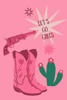 cartão postal ou poster dentro Rosa cores com vaqueiro botas, uma arma de fogo e uma cacto. vetor gráficos.