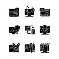 gêneros de jogos ícones de glifo preto definidos no espaço em branco