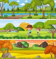 paisagem de natureza diferente em cena diurna com personagem de desenho animado vetor