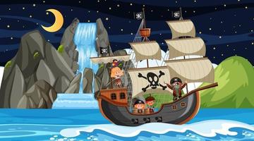 ilha com navio pirata em cena noturna em estilo cartoon vetor