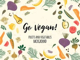 Vector teplate com legumes e frutas. Conceito vegan.