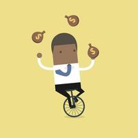 empresário africano malabarismo com saco de dinheiro enquanto andava de bicicleta. vetor