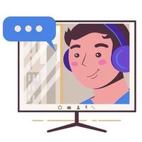 conversando online. homem na tela do monitor. trabalho em casa, freelance, vetor