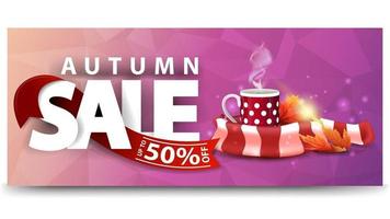 venda de outono, banner de desconto horizontal com caneca de chá quente vetor