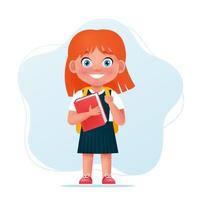 personagem de menina da escola de uniforme com livro e mochila. vetor