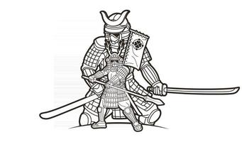 guerreiro samurai com arma pronta para lutar contorno vetor
