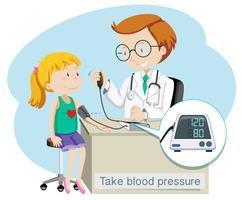 Uma garota tomar pressão arterial com médico vetor
