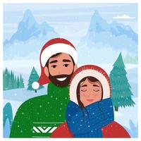 lindo casal no fundo do inverno. ilustração vetorial em estilo simples vetor