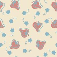 doodle morangos e flores azuis silhueta padrão sem emenda vetor