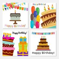 conjunto do quatro cumprimento cartões com doce bolo para aniversário celebração. vetor ilustração