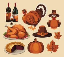 Ação de graças dia vetor ilustração conjunto coleção comemoro a outono colheita com família e amigos