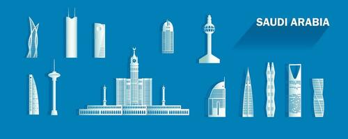 viagem marcos saudita arábia com isolado silhueta arquitetura em azul fundo. vetor