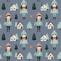 desatado padronizar com rabisco garota, casa e árvore. vetor mão desenhado Natal elementos. inverno fundo