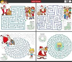 Labirinto Atividades conjunto com desenho animado santa com crianças vetor