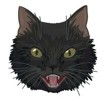 Bravo Preto gato face clipart isolado em branco. desenho animado estilo desenhando do sibilando gato bruxa familiar. dia das Bruxas arrepiante animal moderno vetor ilustração.