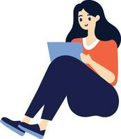 mão desenhado fêmea personagem sentado e lendo uma livro dentro plano estilo vetor