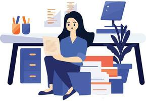 mão desenhado uma fêmea personagem é sentado e lendo uma livro dentro dela escritório dentro plano estilo vetor