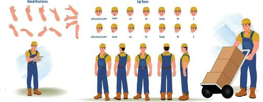 faz-tudo, construtor personagem criação e animação pacote, homem vestindo macacão com ferramentas, equipamento, boca animação e lábio sincronizar vetor
