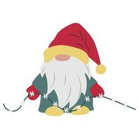 fofa gnomo com grandes barba e vermelho chapéu isolado em branco. escandinavo desenho animado personagem com festão para Natal decoração. fada conto anão vetor