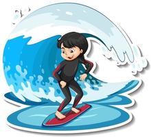 adesivo de uma garota em pé na prancha de surf com ondas vetor