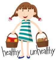 Menina e cesta com alimentos saudáveis e alimentos pouco saudáveis vetor