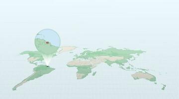 mundo mapa dentro perspectiva mostrando a localização do a país suriname com detalhado mapa com bandeira do suriname. vetor