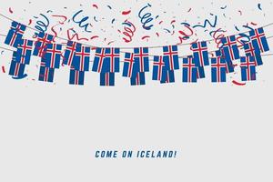 Bandeira de festão da Islândia com confetes em fundo cinza. vetor