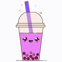 Anúncios de chá de leite com bolha rosa com deliciosas pérolas de tapioca. Kawaii vetor