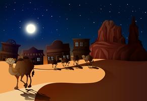 Cena do deserto à noite com camelos