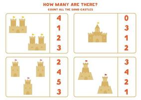 contando o jogo com castelos de areia dos desenhos animados. planilha de matemática. vetor