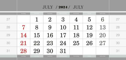 Julho 2024 trimestral calendário bloquear. parede calendário dentro inglês, semana começa a partir de Domingo. vetor